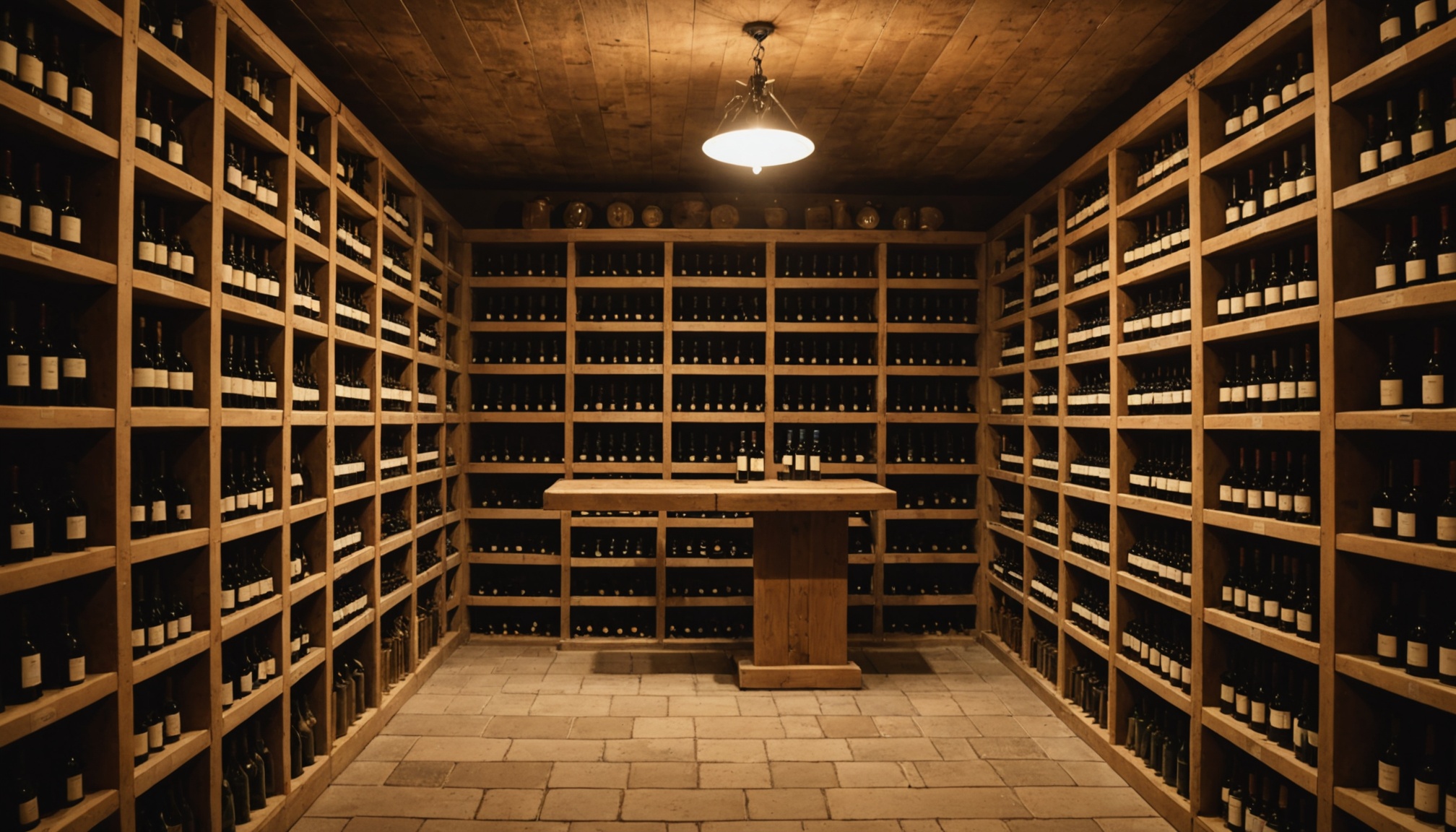 Cave à vin de collection avec bouteilles rangées dans des casiers en bois