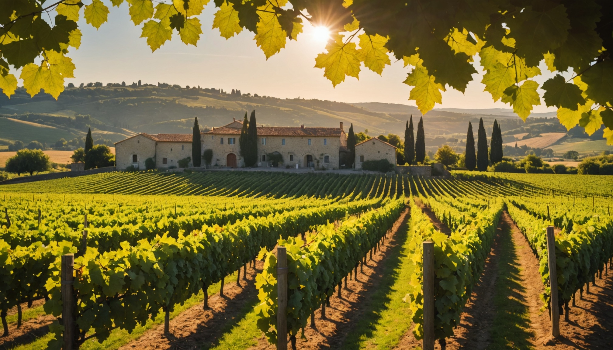 Vignes en AOC françaises au coucher de soleil, investissement en groupement foncier viticole