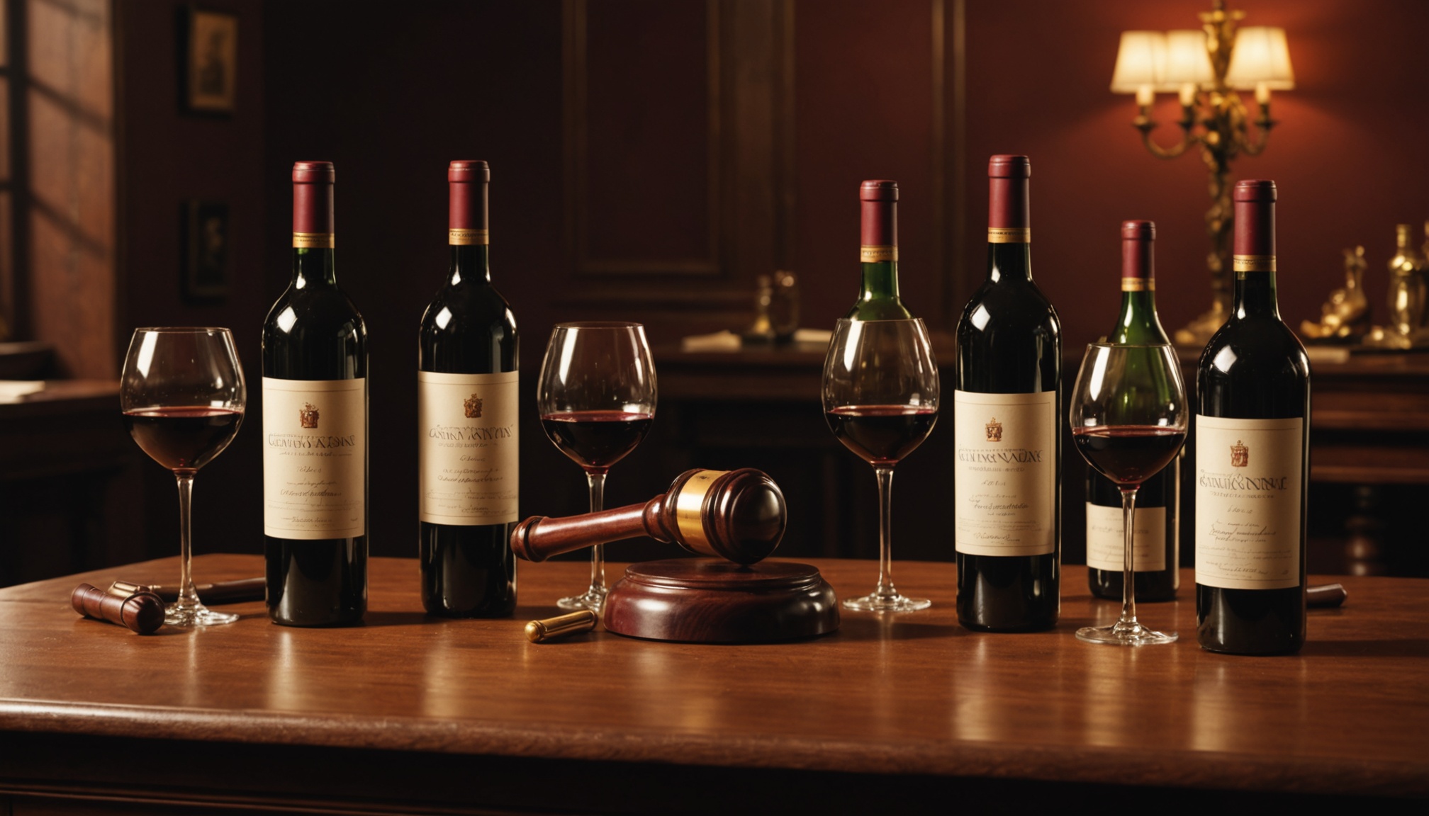 Scène élégante de vente aux enchères de vin avec bouteilles anciennes et marteau de commissaire-priseur
