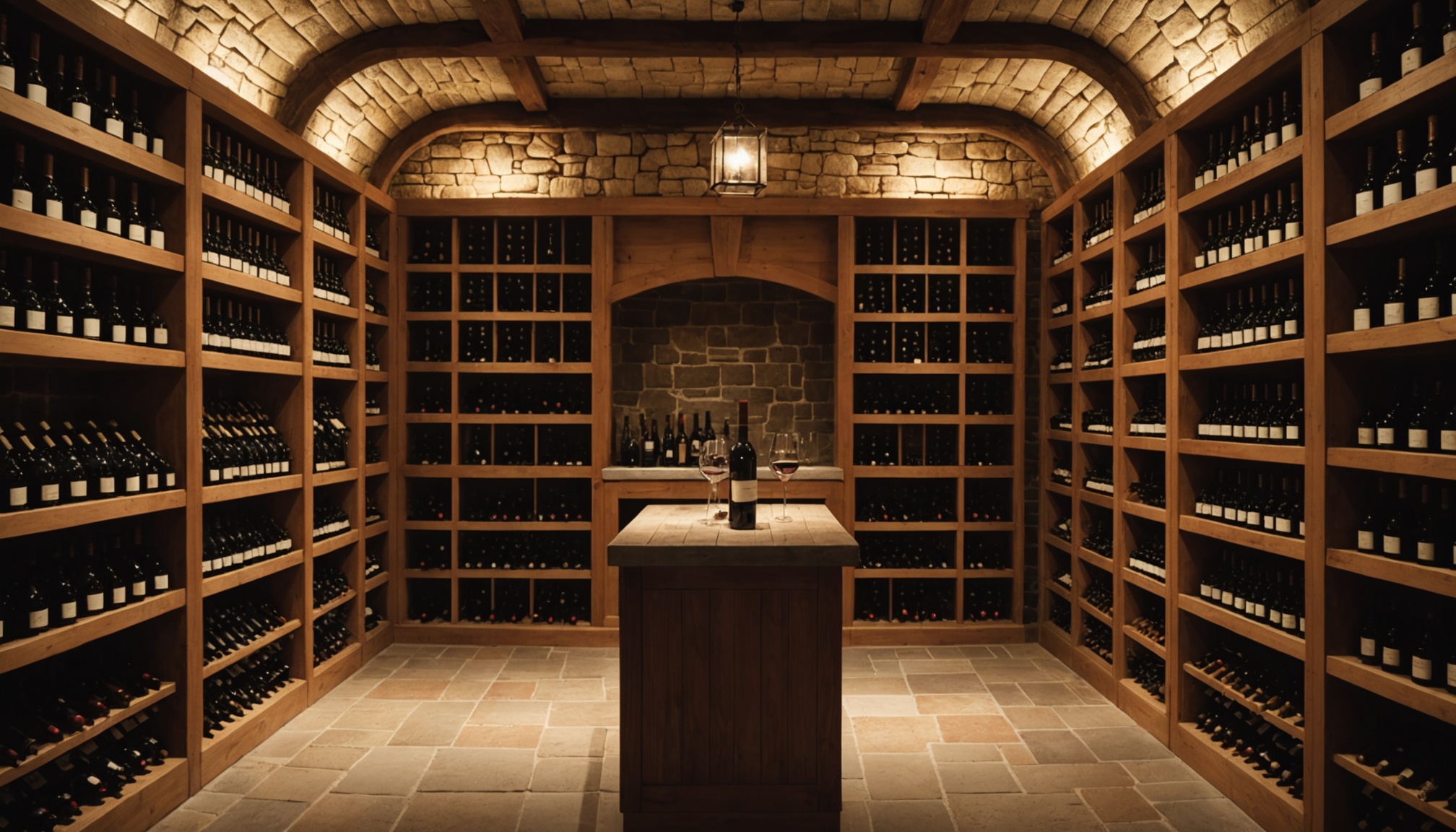 Cave à vin élégante avec bouteilles rangées, symbole d'investissement patrimonial dans le vin