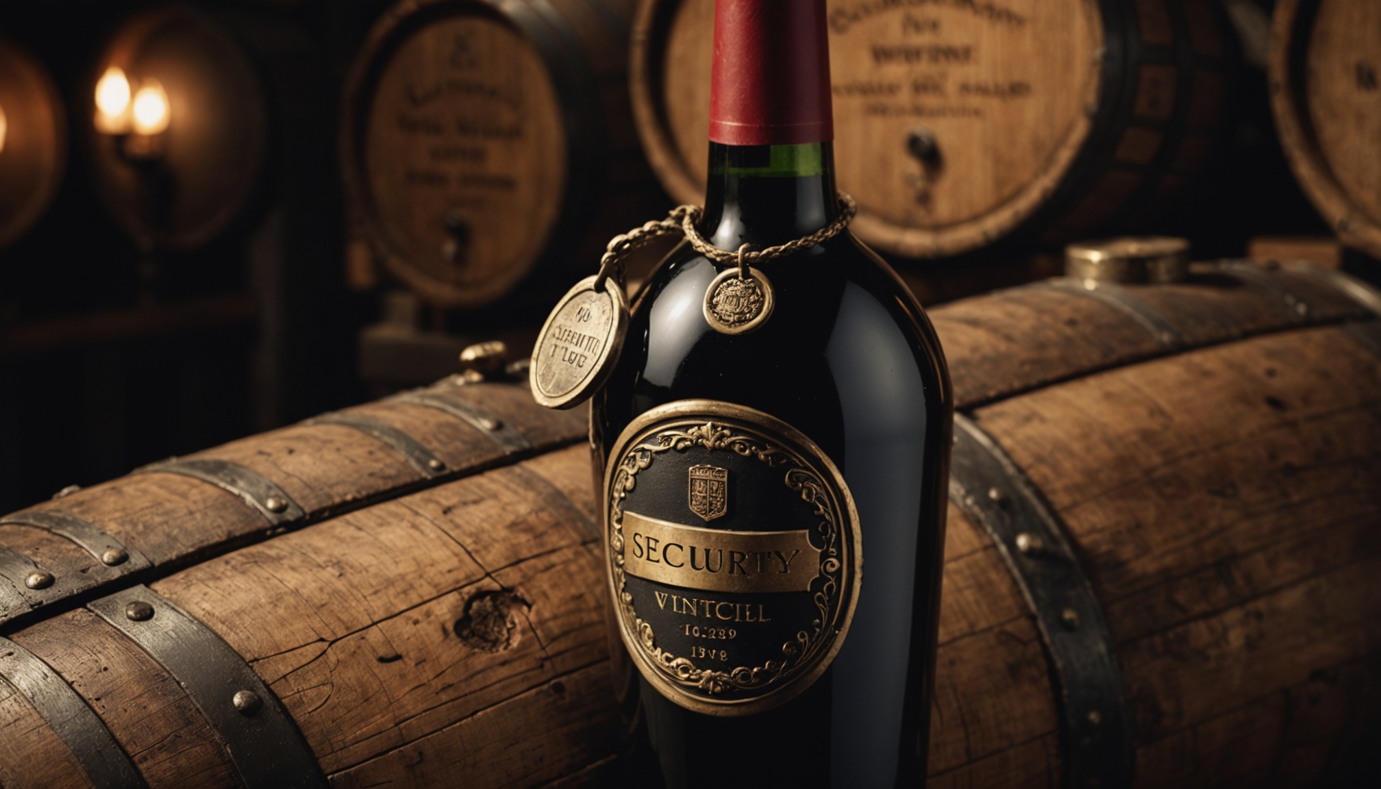 Bouteille de vin de collection avec scellé d'authentification dans une cave patrimoniale
