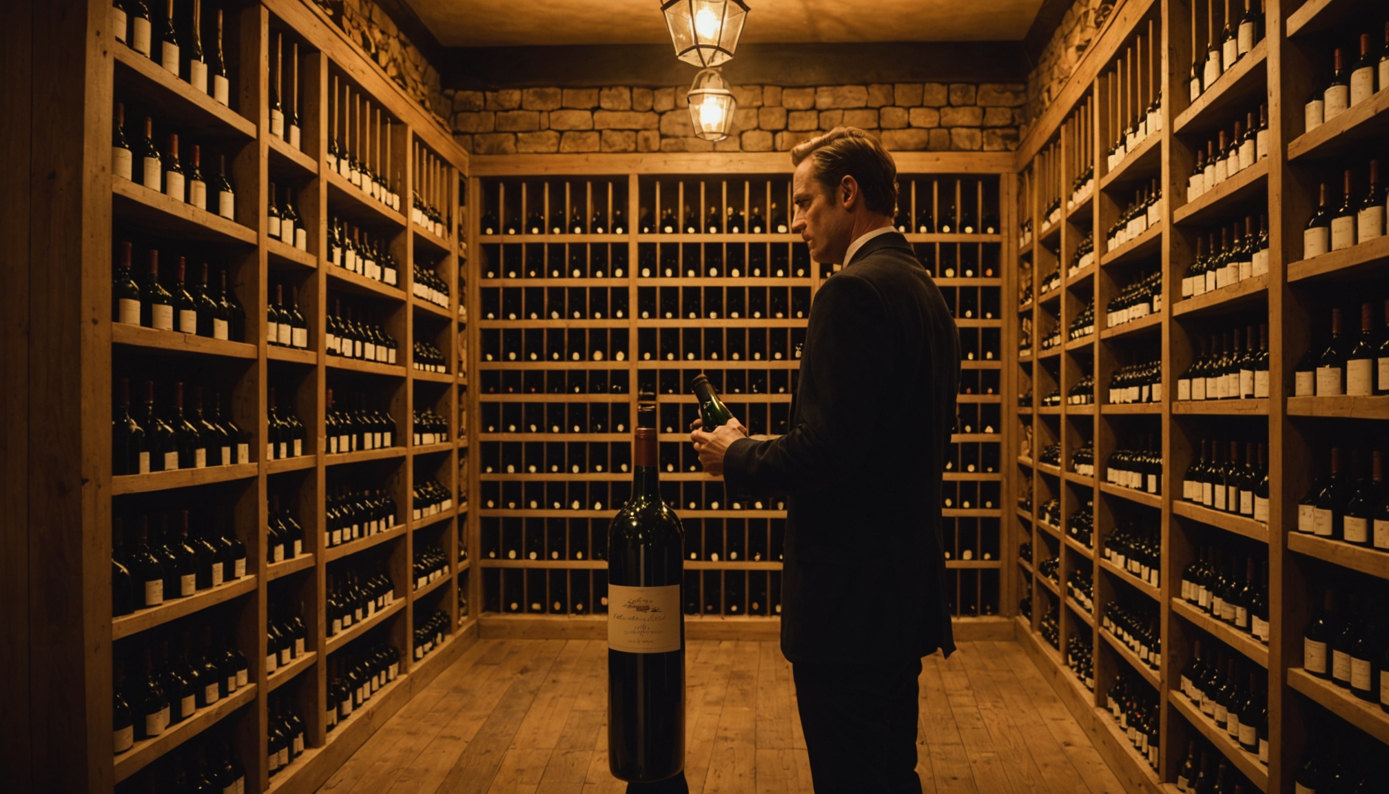Rangées de bouteilles de vin de collection dans une cave patrimoniale