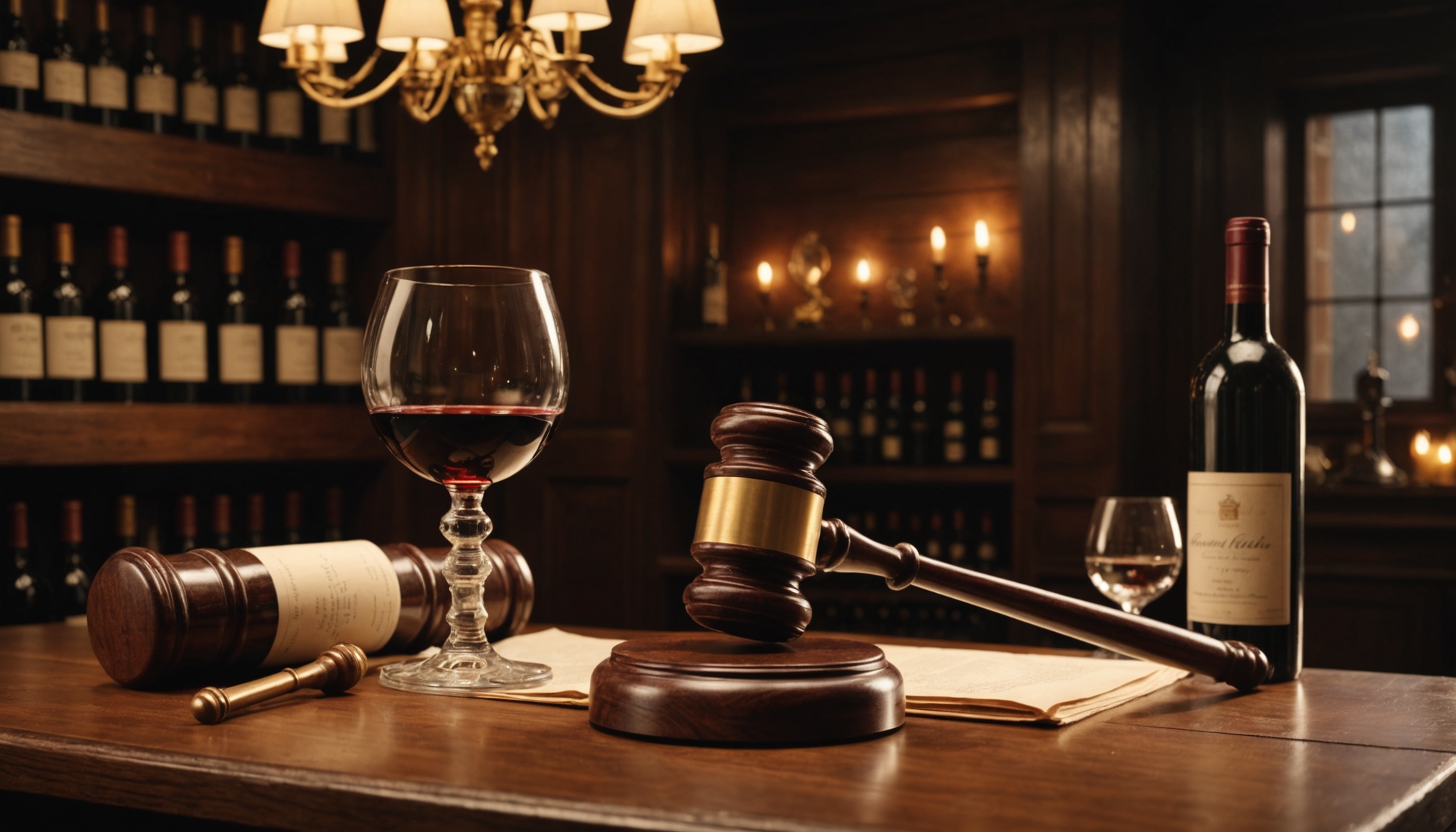 Gavel de commissaire-priseur et bouteilles de vin dans une cave patrimoniale, symbole des enchères de vin