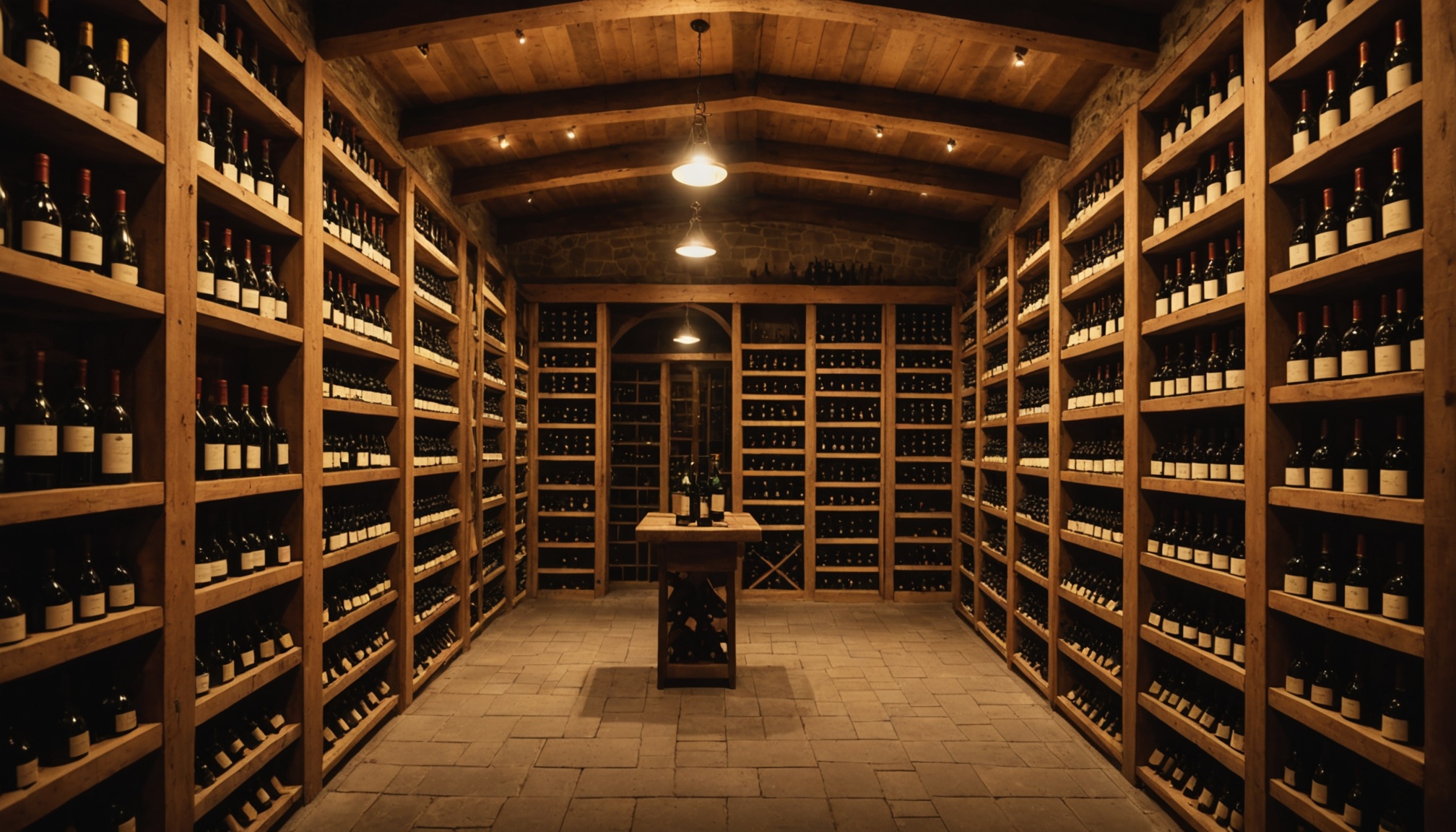 Rangées de bouteilles de vin de Bordeaux dans une cave patrimoniale d'investissement