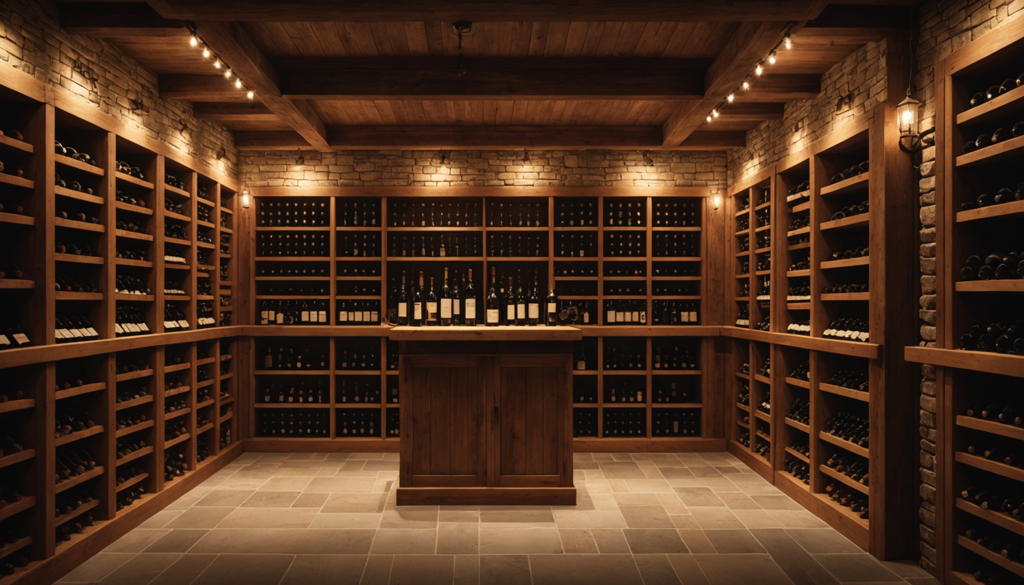 Cave à vin de collection climatisée, rangées de bouteilles sur étagères en bois