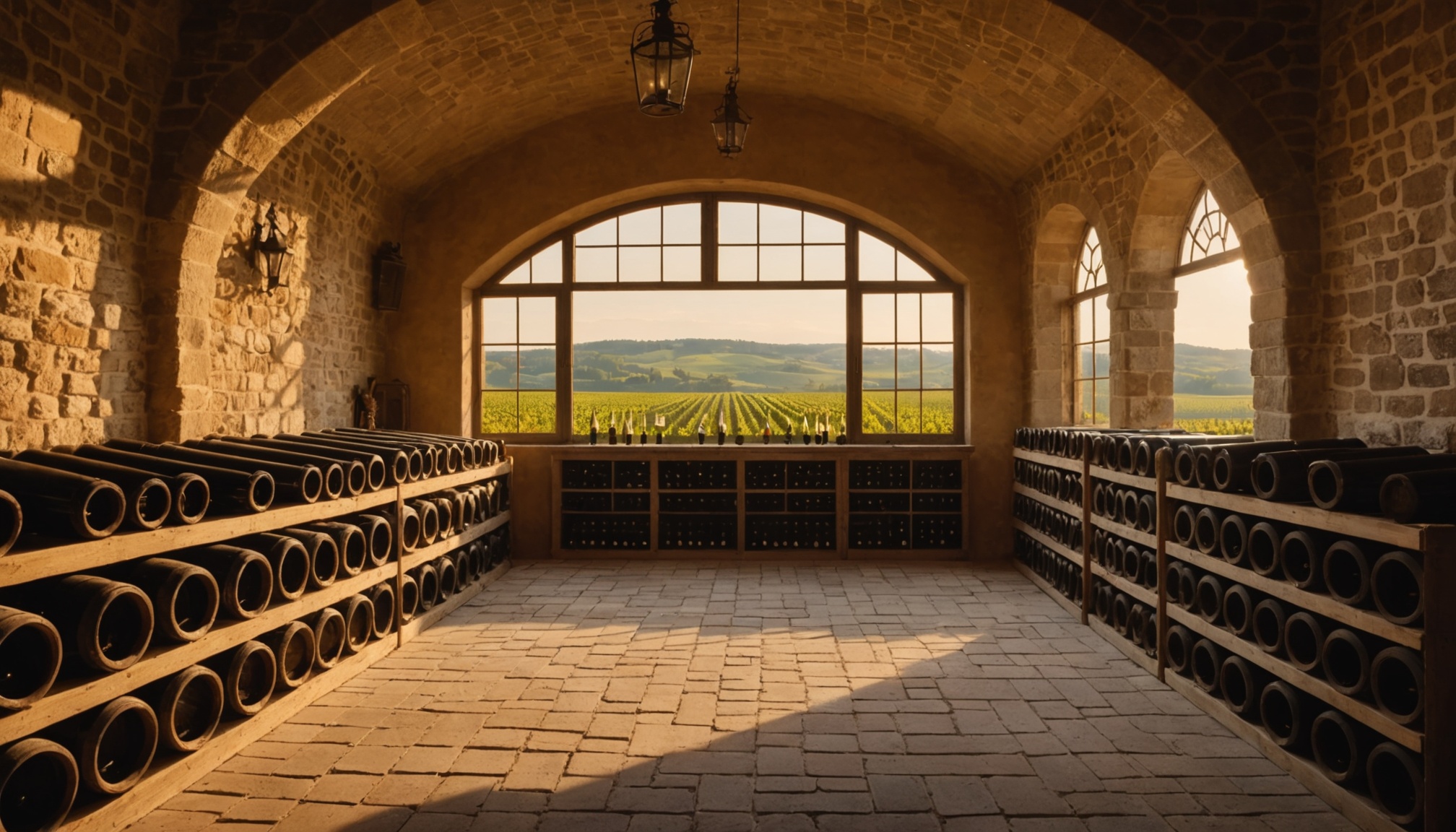 Cave à vin bourguignonne avec bouteilles de grands crus et vignoble en arrière-plan