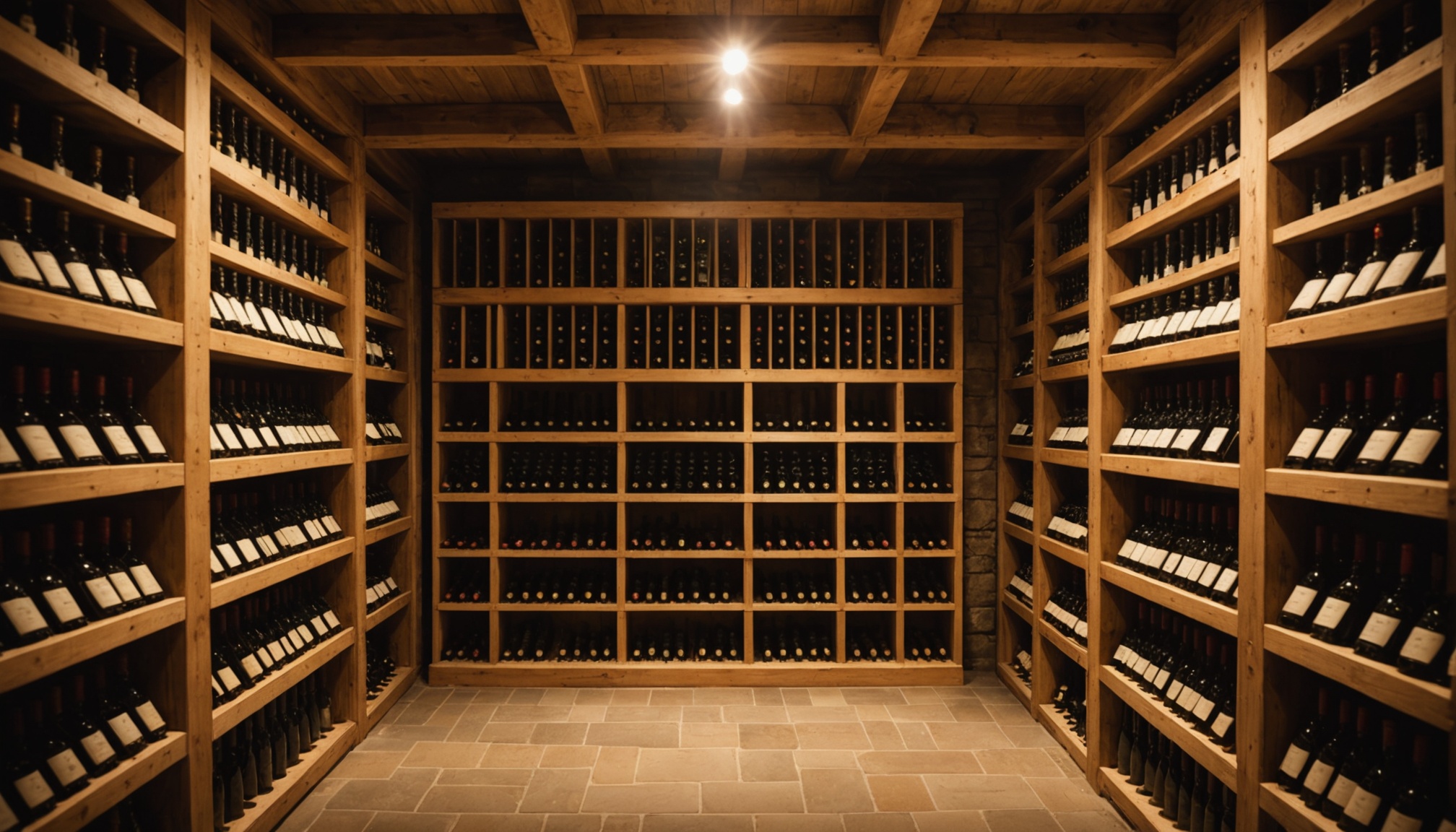 Cave à vin avec bouteilles au format magnum sur des claies en bois, illustration générée par IA