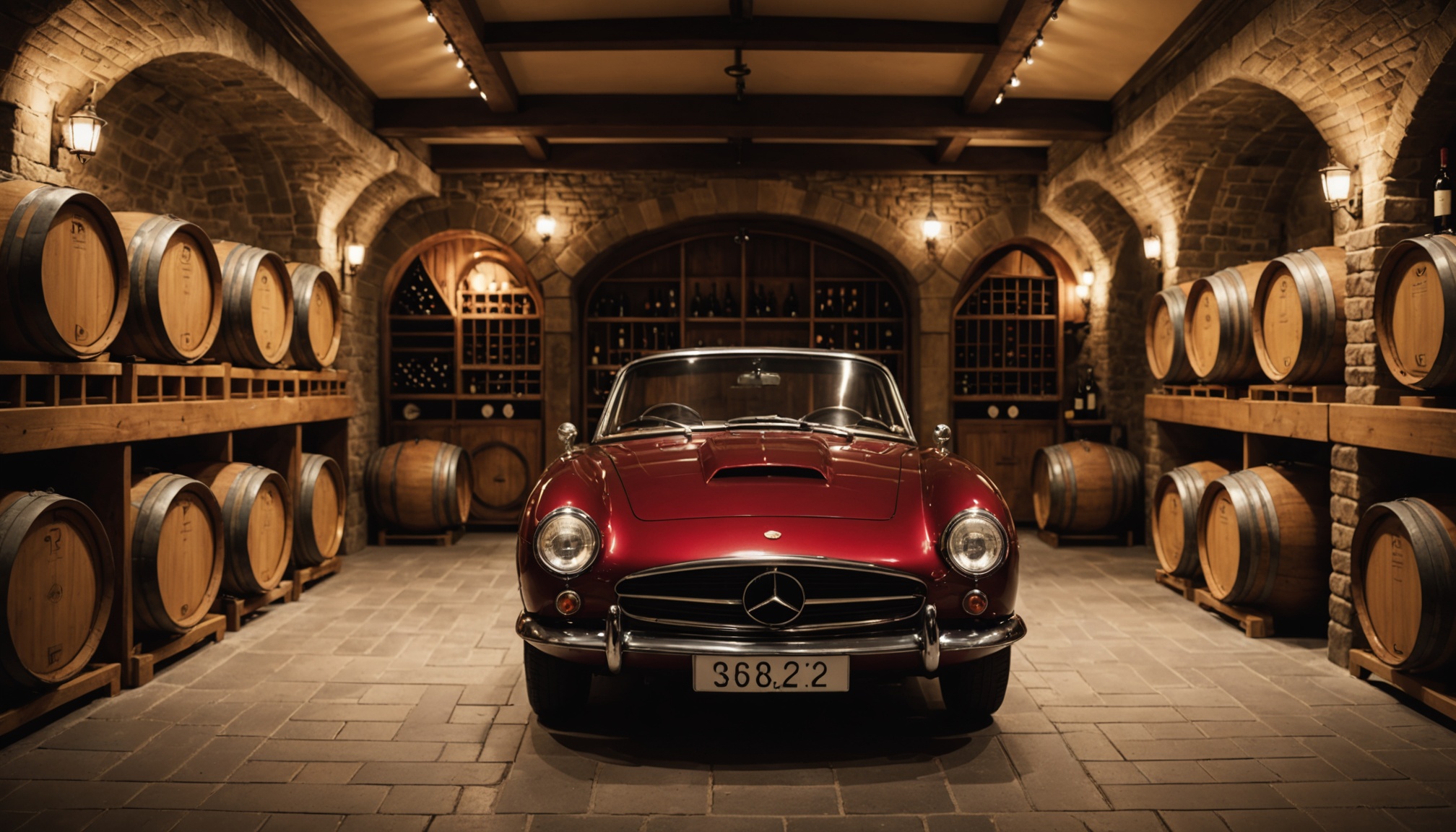 Voiture de collection garée dans un garage luxueux évoquant une cave patrimoniale