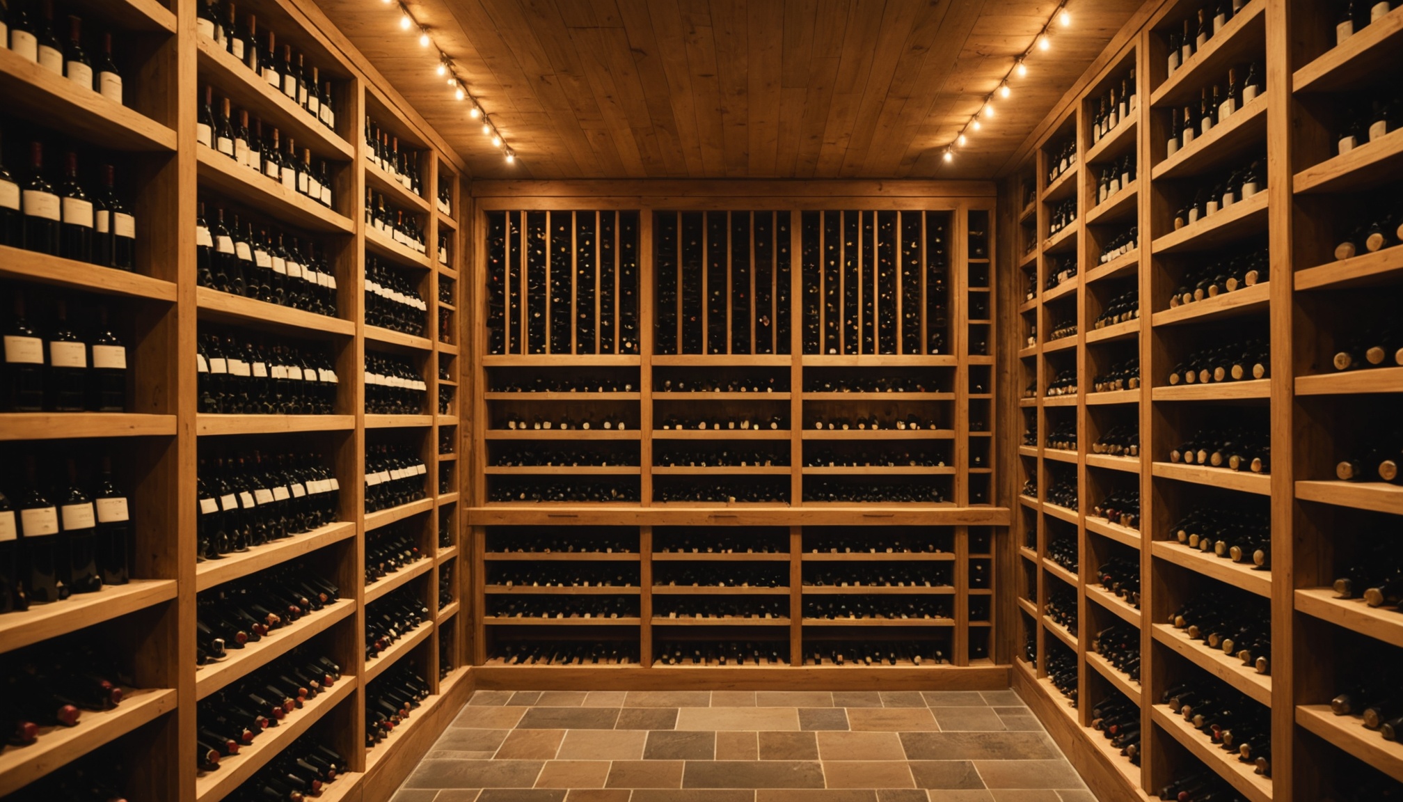 Rangées de bouteilles de vin stockées dans une cave patrimoniale pour l'investissement